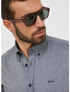 Памучна риза BOSS ORANGE мъжка в сиво със стандартна кройка с италианска яка 50489341