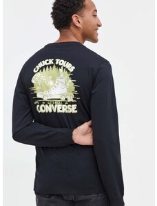 Памучна блуза с дълги ръкави Converse в черно с принт