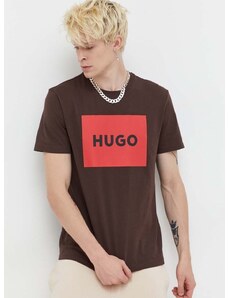 Памучна тениска HUGO в кафяво с принт 50467952