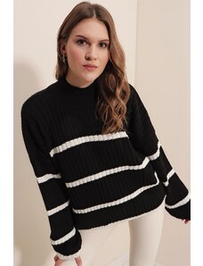 Bigdart 15804 Раиран извънгабаритен пуловер с поло - черен