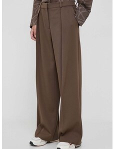 Панталон с вълна Calvin Klein в кафяво с широка каройка, с висока талия