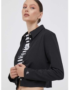 Риза Calvin Klein Jeans дамска в черно с кройка по тялото с класическа яка
