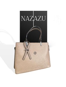 NAZAZU Твърда дамска чанта с черни орнаменти и панделка - Бежова