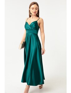 Lafaba Дамска изумрудено зелена сатенена вечерна рокля Midi & Абитуриентска рокля с въжени презрамки и колан за кръста.