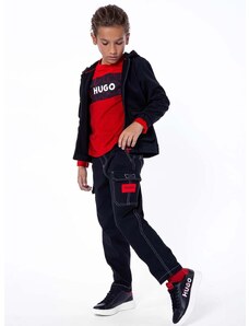 Детски суичър HUGO в черно с качулка с апликация