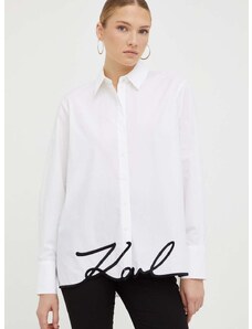 Памучна риза Karl Lagerfeld дамска в бяло със свободна кройка с класическа яка