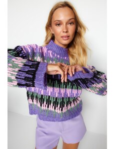 Trendyol лилаво мека текстурирана дебела стояща яка трикотаж пуловер