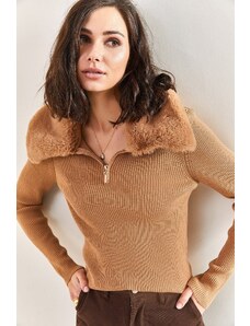Bianco Lucci жените яка срязване кожа, цип трикотаж пуловер