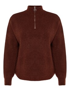 Trendyol крива кафяв цип нагоре трикотаж пуловер