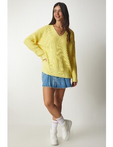 Happiness İstanbul Щастие İstanbul жените жълт v-образно деколте извънгабаритни основни трикотаж пуловер