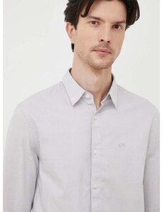 Памучна риза Armani Exchange мъжка в сиво с кройка по тялото с класическа яка