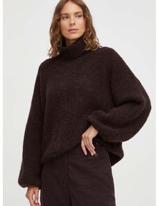 Вълнен пуловер Gestuz дамски в кафяво от топла материя с поло
