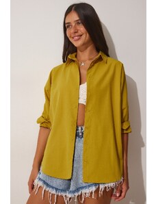 Happiness İstanbul Women's Oil Green Oversized Basic Poplin Shirt