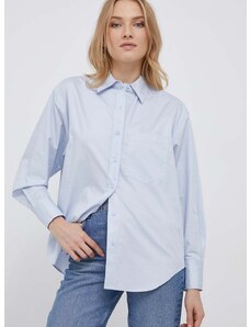 Памучна риза Calvin Klein дамска в синьо със свободна кройка с класическа яка