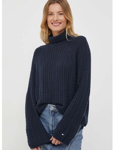 Вълнен пуловер Tommy Hilfiger дамски в тъмносиньо от лека материя с поло WW0WW39904