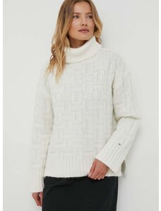 Пуловер с вълна Tommy Hilfiger дамски в бежово от топла материя с поло