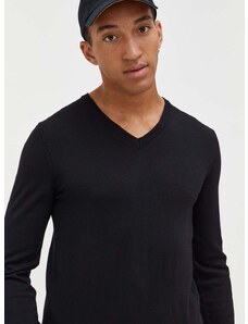Вълнен пуловер HUGO мъжки в черно от лека материя