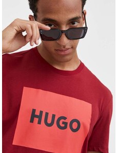 Памучна тениска HUGO в бордо с принт 50467952
