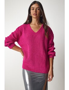 Happiness İstanbul Щастие İstanbul жените розово v-образно деколте извънгабаритни основни трикотаж пуловер
