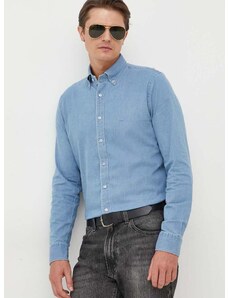 Памучна риза MICHAEL Michael Kors мъжка в синьо с кройка по тялото с яка с копче