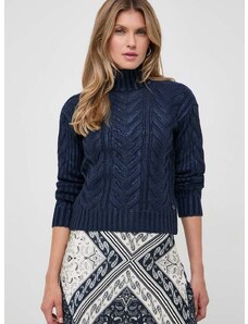 Пуловер с вълна Guess дамски в тъмносиньо с ниско поло