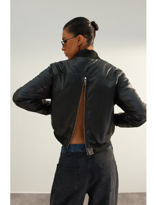 Trendyol лимитирана серия черен премия извънгабаритни цип изкуствена кожа палто
