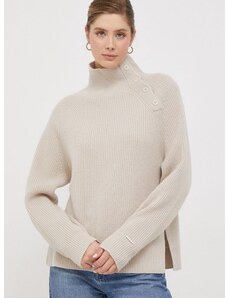 Вълнен пуловер Calvin Klein дамски в бежово от топла материя с ниско поло