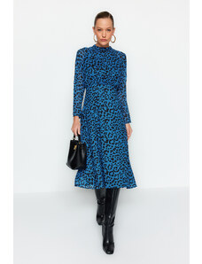 Trendyol синьо Midi леопард модел тъкани тъкани рокля