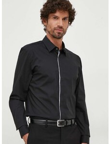 Риза BOSS мъжка в черно с кройка по тялото с класическа яка