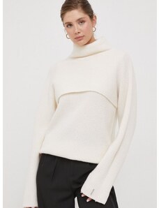 Вълнен пуловер Calvin Klein дамски в бежово от топла материя с поло