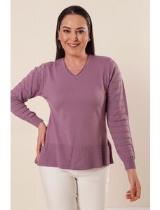 By Saygı От Saygı V-образно деколте люляк акрилен пуловер с ръкави шарени плюс размер акрилен пуловер с цепки в страните.
