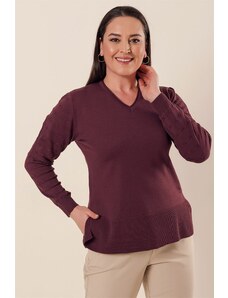 By Saygı От Saygı V-образно деколте акрилен пуловер с шарени ръкави и цепки в страните, плюс размер слива слива.