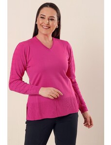 By Saygı От Saygı V-образно деколте акрилен пуловер с шарени ръкави и цепки в страните плюс размер плюс размер пуловер фуксия