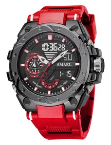 Спортен мъжки часовник Smael Sport Shock, Двойно време, Хронограф, LED Подсветка, Червен / Черен