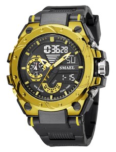 Спортен мъжки часовник Smael Sport Shock, Двойно време, Хронограф, LED Подсветка, Черен / Златист