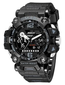 Спортен мъжки часовник Smael Bravery, Двойно време, Хронограф, LED Подсветка, Черен