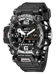 Спортен мъжки часовник Smael Bravery, Двойно време, Хронограф, LED Подсветка, Черен / Бял