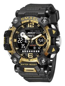 Спортен мъжки часовник Smael Bravery, Двойно време, Хронограф, LED Подсветка, Черен / Златист