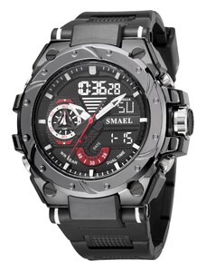 Спортен мъжки часовник Smael Sport Shock, Двойно време, Хронограф, LED Подсветка, Черен