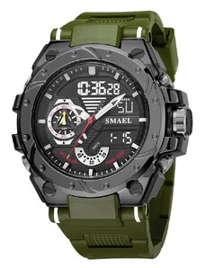 Спортен мъжки часовник Smael Sport Shock, Двойно време, Хронограф, LED Подсветка, Зелен / Черен