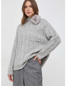 Вълнен пуловер Custommade дамски в сиво от топла материя с ниско поло