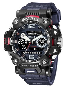 Спортен мъжки часовник Smael Bravery, Двойно време, Хронограф, LED Подсветка, Тъмно син