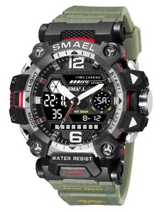 Спортен мъжки часовник Smael Bravery, Двойно време, Хронограф, LED Подсветка, Черен / Зелен
