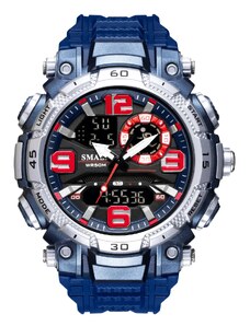 Спортен мъжки часовник Smael Vitality, Двойно време, Хронограф, LED Подсветка, Син / Сребрист