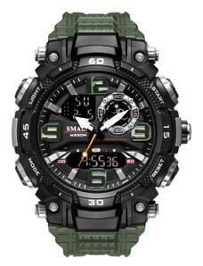 Спортен мъжки часовник Smael Vitality, Двойно време, Хронограф, LED Подсветка, Зелен / Черен