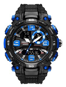 Спортен мъжки часовник Smael Vitality, Двойно време, Хронограф, LED Подсветка, Син / Черен
