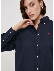 Памучна риза Polo Ralph Lauren дамска в тъмносиньо със свободна кройка с класическа яка 211916277