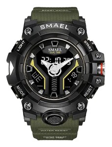 Спортен мъжки часовник Smael Hyper Sport, Двойно време, Хронограф, LED Подсветка, Зелен / Черен