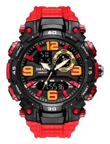 Спортен мъжки часовник Smael Vitality, Двойно време, Хронограф, LED Подсветка, Черен / Червен