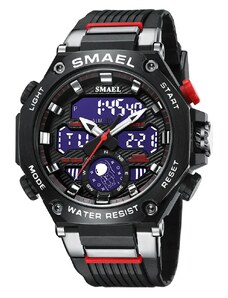 Спортен мъжки часовник Smael Unlimited, Хронограф, Двойно време, LED Подсветка, Черен / Червен